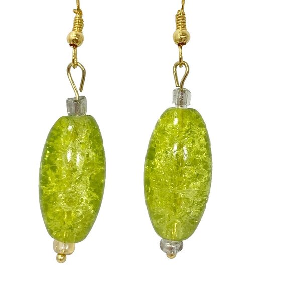Murano Style Art Glass Bead Earrings Lime Green Gold Plated Crackled Glass Balls - Picture 2 of 6